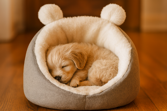 Emotionales Produktbild mit schlafendem Tier im Hundebett